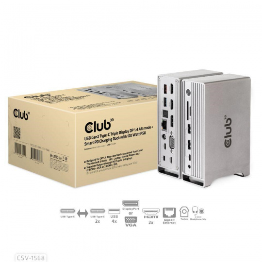 Club3D USB-C, Triple Display DP Alt mode Displaylink Dynamic PD Charging Dock so 120 W PS