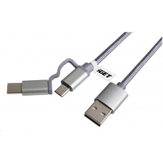 iGET G2V1 USB kábel 2v1, 1 m, strieborný, microUSB a USB-C, predĺžené konce iGET G2V1 USB kábel 2v1, 1 m, strieborný, microUSB a USB-C, predĺžené konce