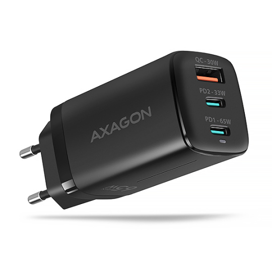 AXAGON ACU-DPQ65, GaN nabíjačka do siete 65W, 3x port (USB-A + dual USB-C), PD3.0/QC4+/PPS/Apple, čierna