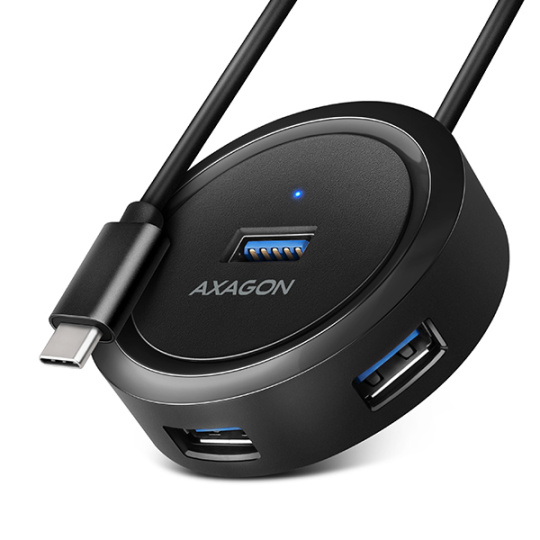 AXAGON HUE-P1C, 4x USB 3.2 Gen 1 ROUND hub, micro USB napájací konektor, kábel USB-C 30cm