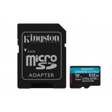 Kingston MicroSDXC karta 512GB Canvas Go! Plus, R:170/W:90MB/s, Class 10, UHS-I, U3, V30, A2 + Adaptér