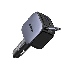 UGREEN rychlonabíječka do auta se zatahovacím kabelem 60W 3-Port, 2x USB-C,1x USB-A, GaN, stříbrná