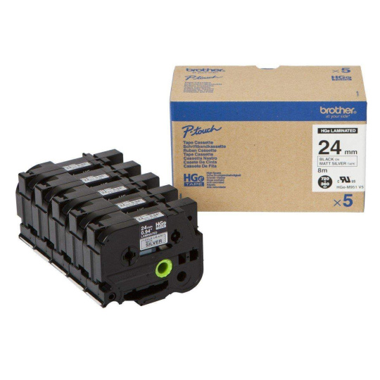 BROTHER HGE-M951V5 Etiketovacie potreby, 24 mm čierna/matná strieborná (balenie 5 ks) Vysokokvalitná páska
