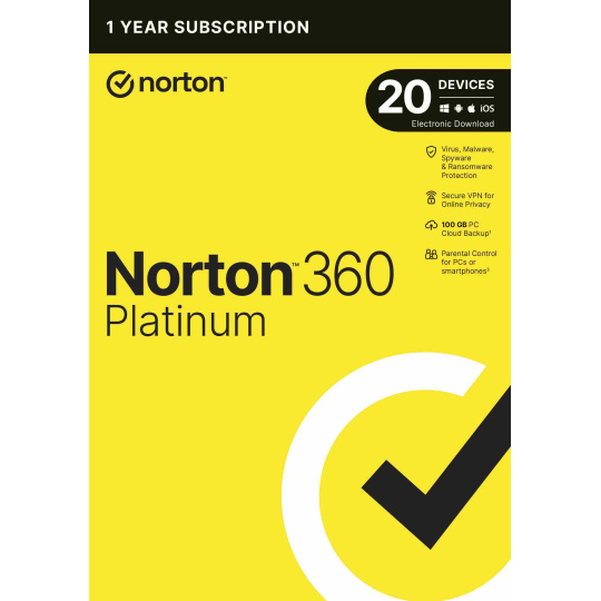 NORTON 360 PLATINUM 100 GB +VPN 1 používateľ pre 20 zariadení na 1 rok ESD