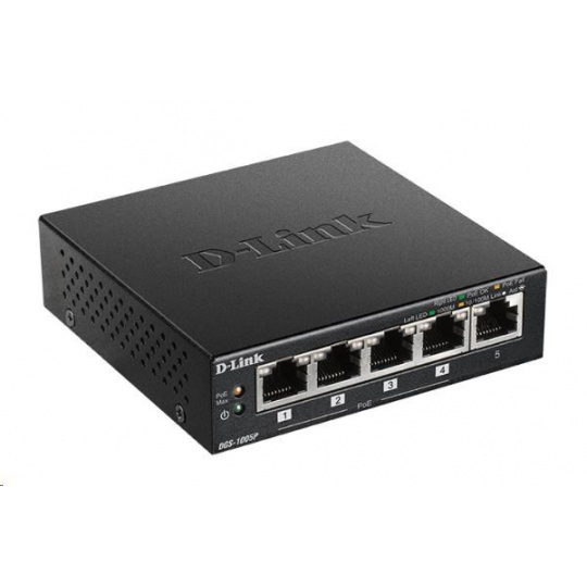 D-Link DGS-1005P 5-portový gigabitový stolový prepínač PoE+, 4 porty PoE+, rozpočet PoE 60 W