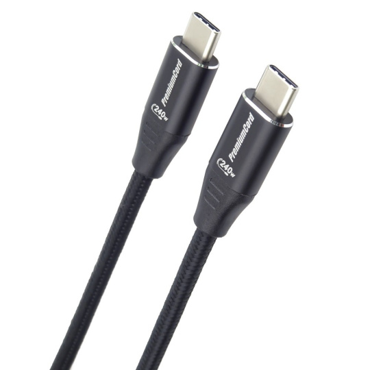 PREMIUMCORD Kabel USB-C M/M, 240W 480Mbps černý bavlněný oplet, 1m