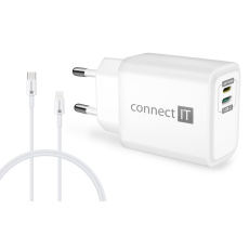 CONNECT IT Duplex nabíjecí adaptér 1xLightning, 1×USB-C, 20W, 1xLightning - USB-C kabel, bílá CONNECT IT Duplex nabíjecí adaptér 1xLightning, 1×USB-C, 20W, 1xLightning - USB-C kabel, bílá