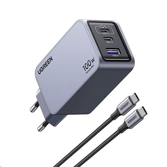 UGREEN síťová rychlonabíječka Nexode Pro 100W 3-Port, 2x USB-C, 1x USB-A, GaN, stříbrná