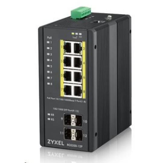 Zyxel RGS200-12P 12-portový gigabitový WebManaged PoE switch, 8x GbE + 4x SFP, rozpočet PoE 240W, montáž na DIN lištu/na stenu, IP30