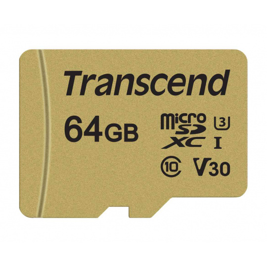 Karta TRANSCEND MicroSDXC 64GB 500S, UHS-I U3 V30 + adaptér