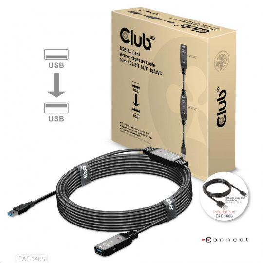 Kábel USB Club3D 3.2 Kábel aktívneho opakovača Gen1 M/F 28AWG, 10 m