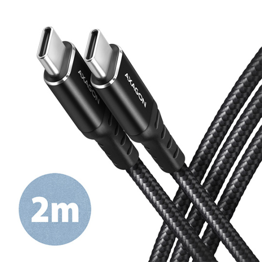 AXAGON BUCM-CM20AB, HQ kábel USB-C <-> USB-C, 2 m, USB 2.0, PD 60W 3A, ALU, opletenie, čierny